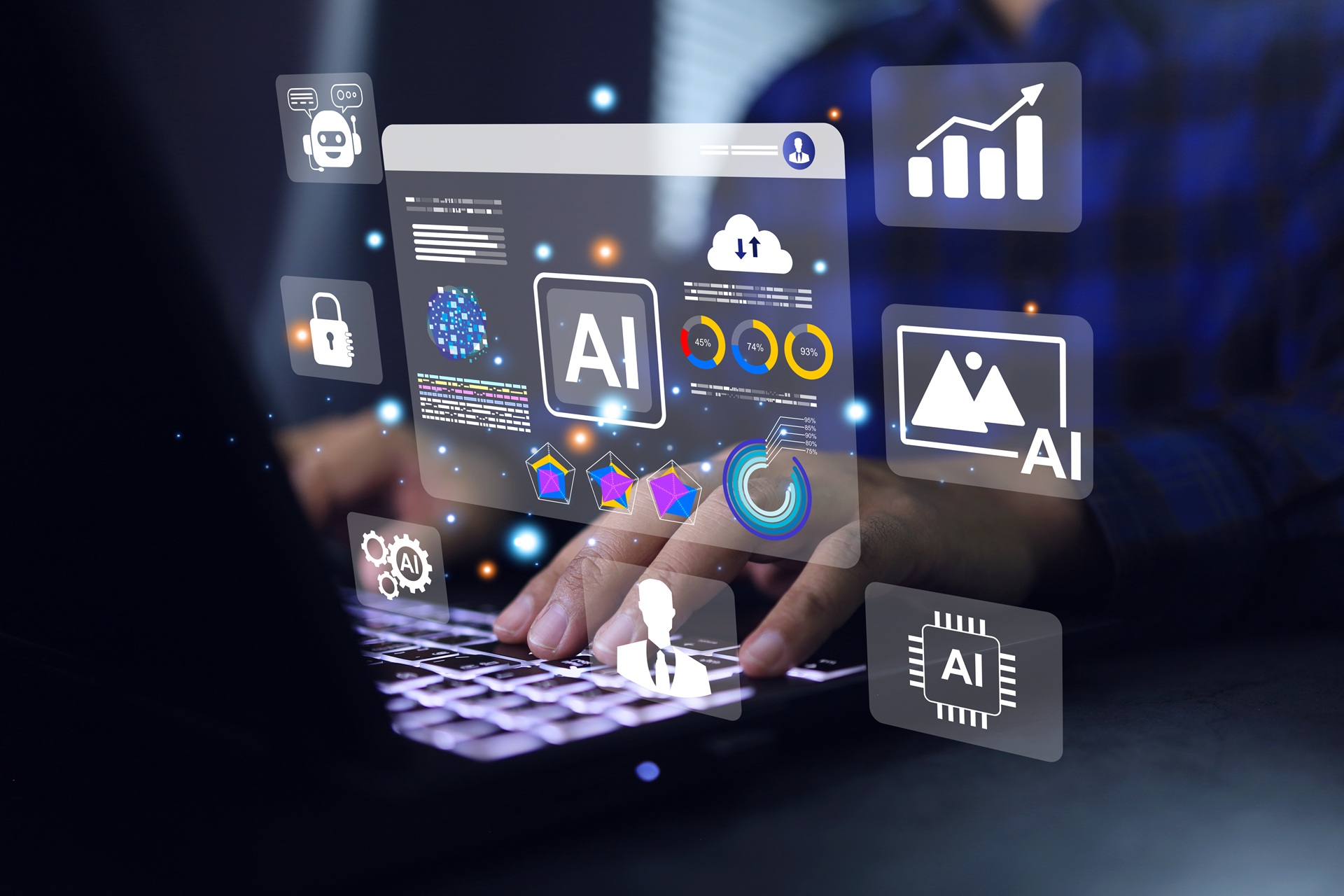 Two hands resting on a laptop keyboard with AI graphics floating above.