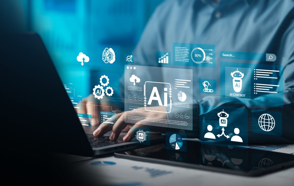 A person typing on a keyboard with AI graphics floating above their hands.