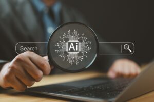 A man holding a magnifying glass over a floating AI search bar above a laptop.