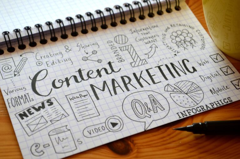 A pad of paper with content marketing works and key phrases written on it.