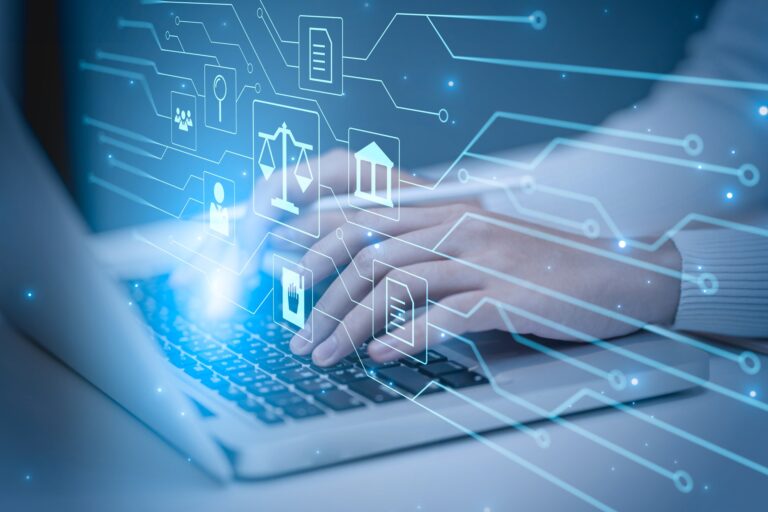 A pair of hands types on a keyboard with law firm graphics overlaid.