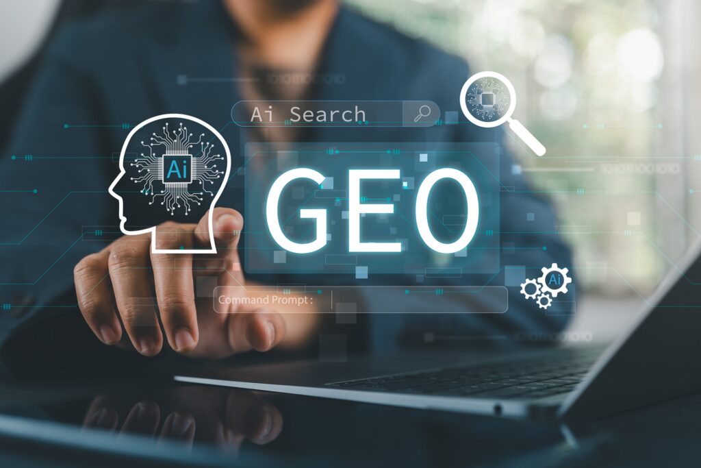 A person points at floating graphics above a laptop that says GEO.