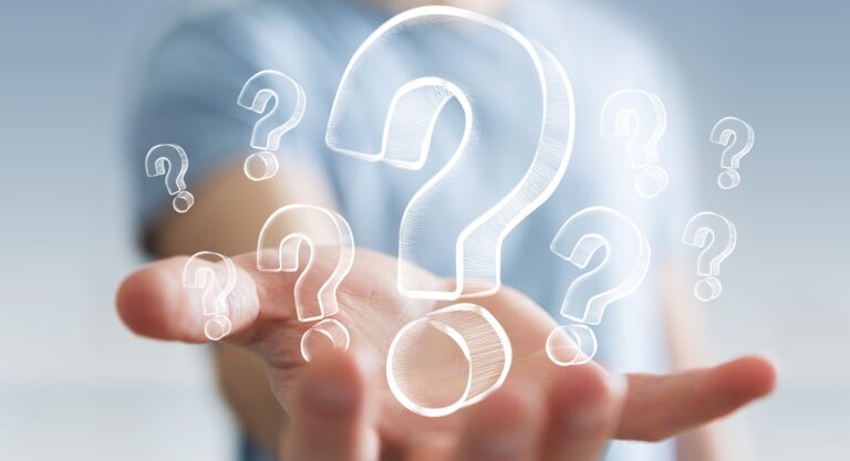 An outreached hand with its palm up with floating question mark graphics above it.