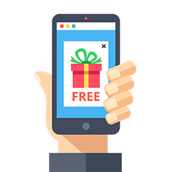 Graphic of a smart phone with an ad saying "free!", indicating digital ad fraud.