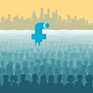 Illustration of a large group of people with the Facebook 'F' peeking out over them like a periscope, signifying the Facebook updates that are shaking up local search.