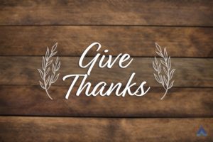 A dark brown wood palette backdrop with two branches and the phrase give thanks because we are so thankful for our clients!